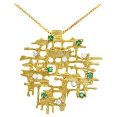 1950s Fabulous Emerald Diamond Gold Abstact Brutalist Pendant