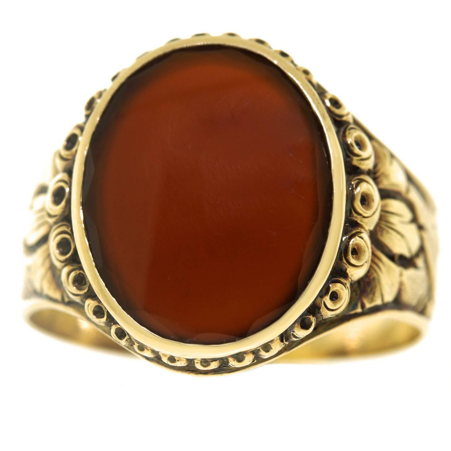 1920s Art Deco Carnelian Gold Signet Ring 