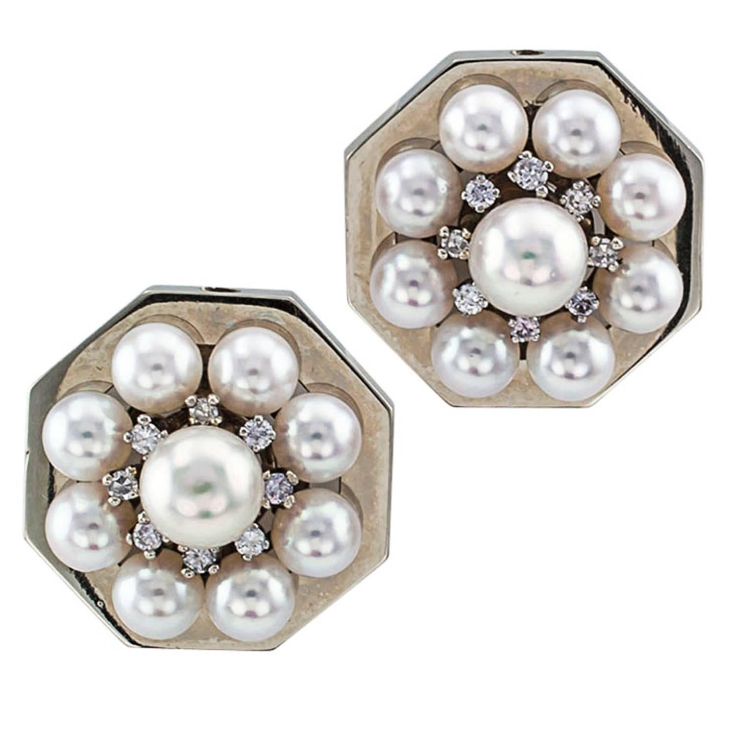 Mid-Century Pearl Diamond White Gold Octagonal Clip On Earrings