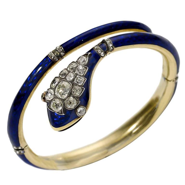 Victorian Blue Enamel Diamond Gold Snake Bangle For Sale