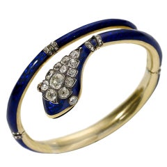 Antique Victorian Blue Enamel Diamond Gold Snake Bangle