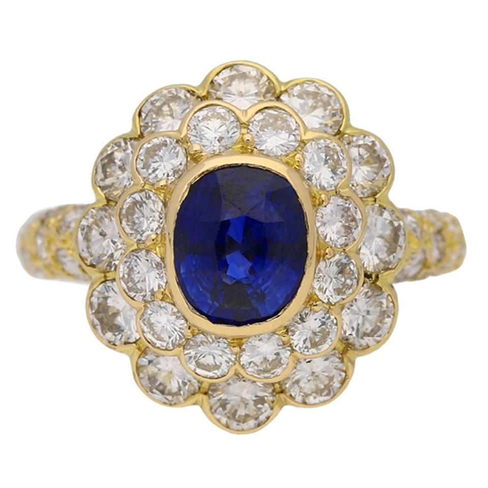 1970s Mauboussin France Natural Unenhanced Ceylon Sapphire Diamond Ring For Sale