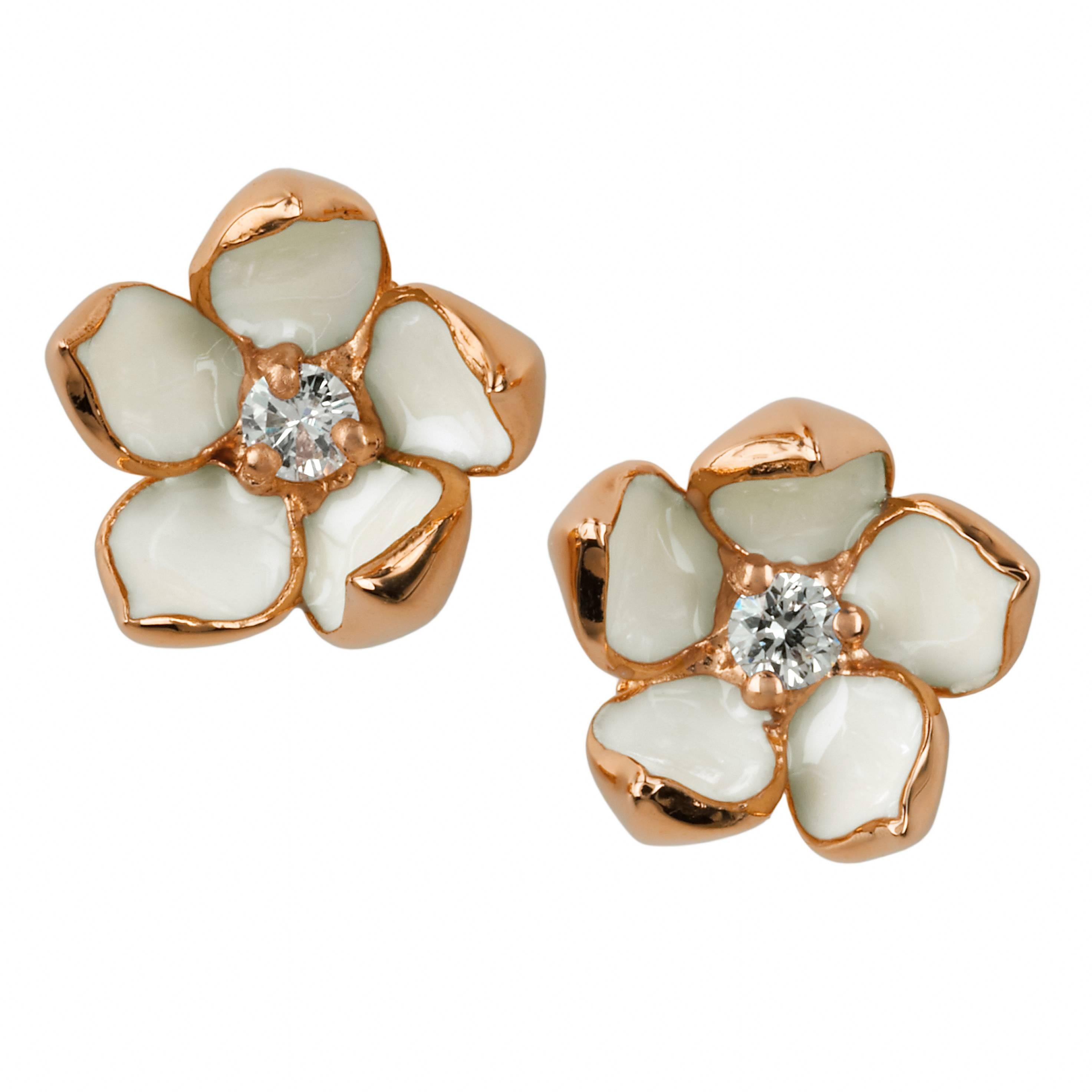 Shaun Leane Enamel Diamond Gold Vermeil Small Blossom Stud Earrings 