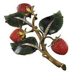 Antique French Coral Jade Diamond Gold Strawberry Branch Brooch 4