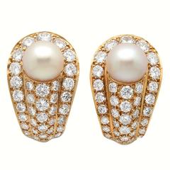 1980s Cartier Pave Set Brilliant Cut Diamond Pearl Earclips