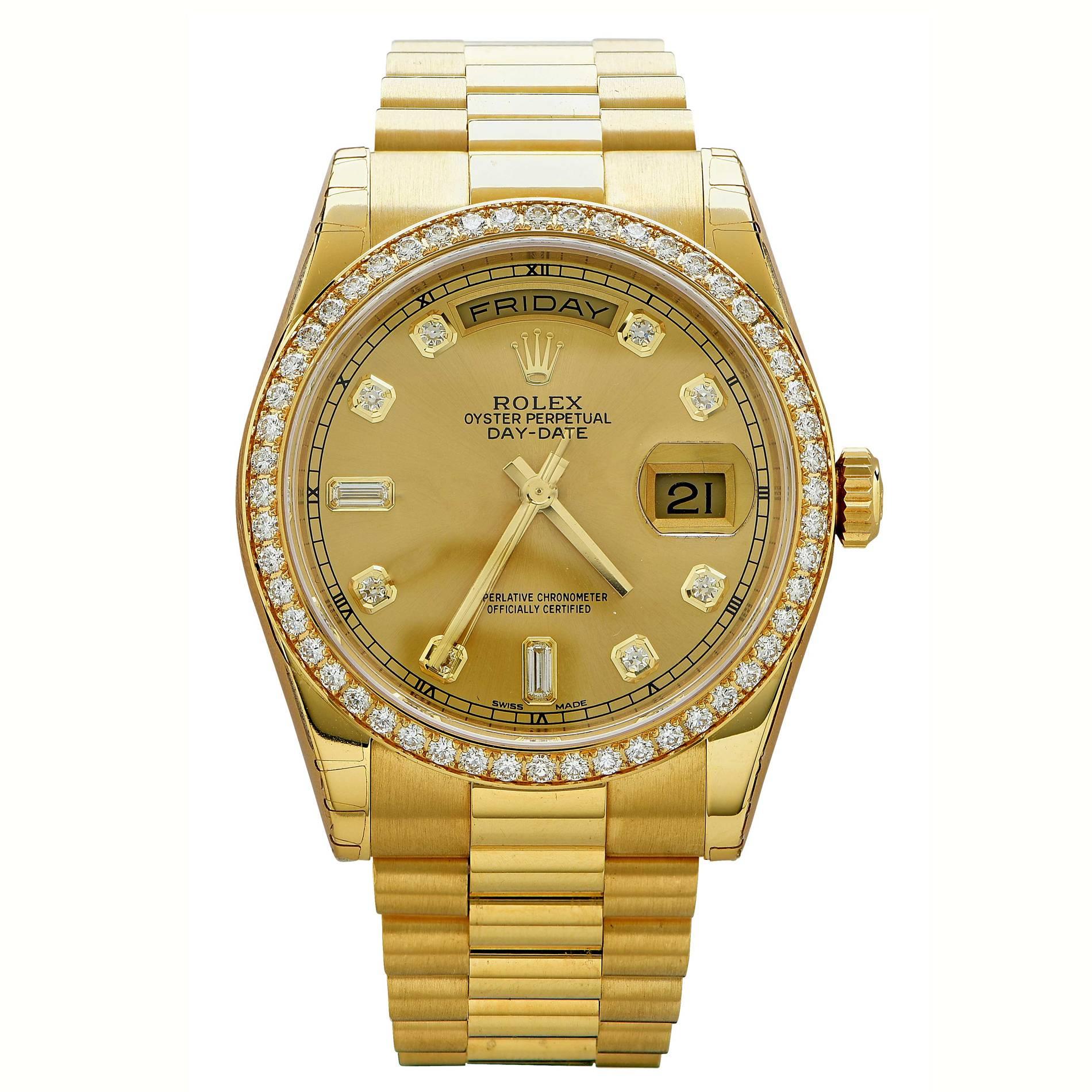 Rolex Yellow Gold Diamond Oyster Perpetual Day Date Wristwatch