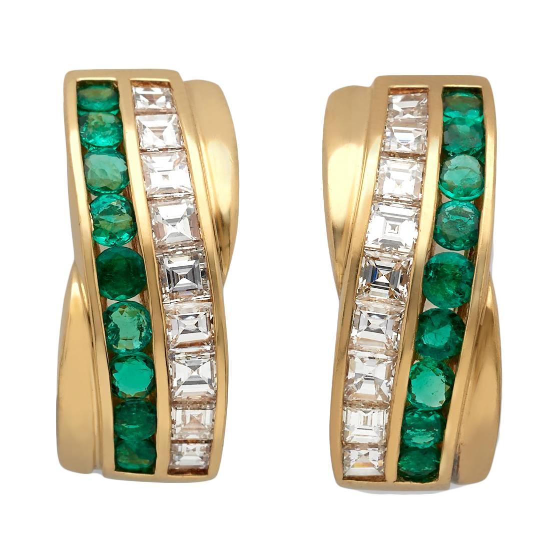 1980s Cartier Emerald Diamond Gold Hoop Earclips