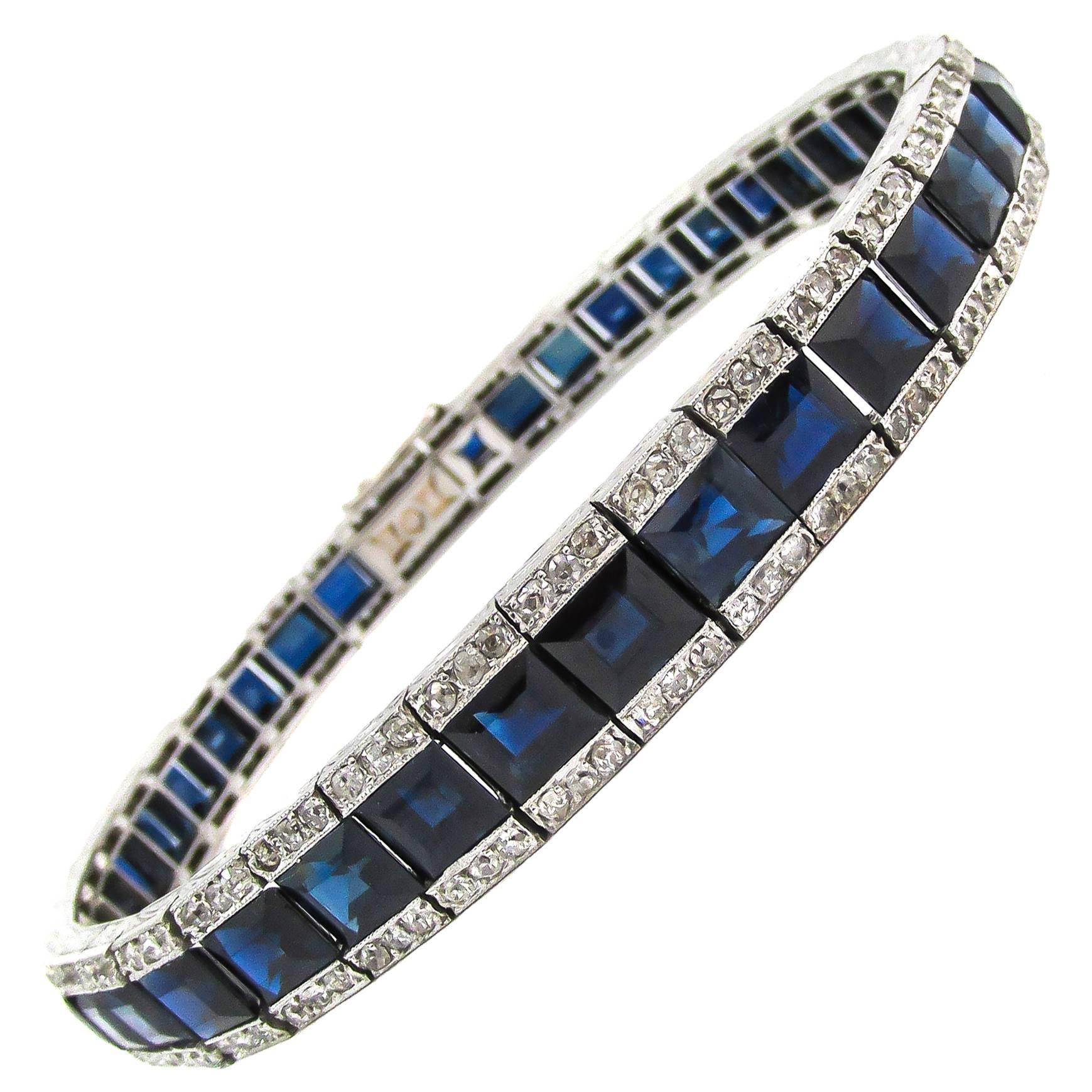 French Art Deco Sapphire Diamond Platinum Bracelet
