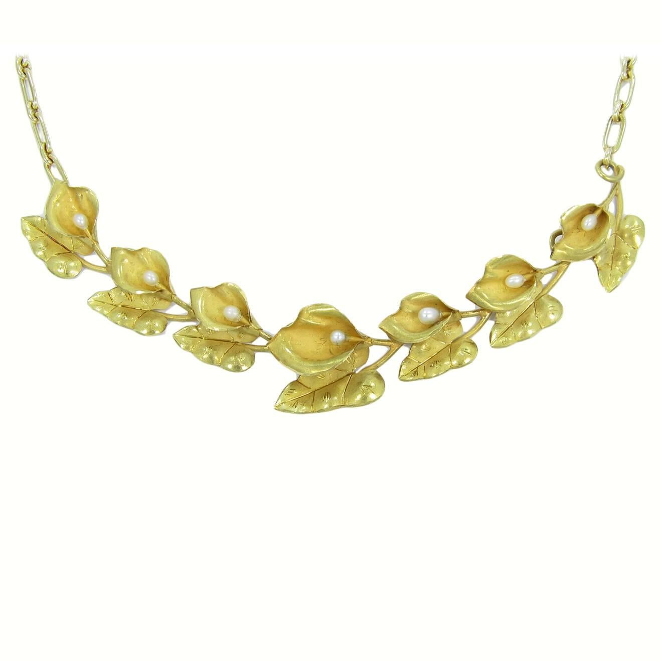 Pearl Gold Flower Petal and Leaf Necklace  For Sale