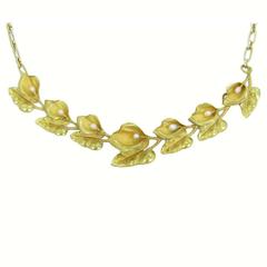Pearl Gold Flower Petal and Leaf Necklace 