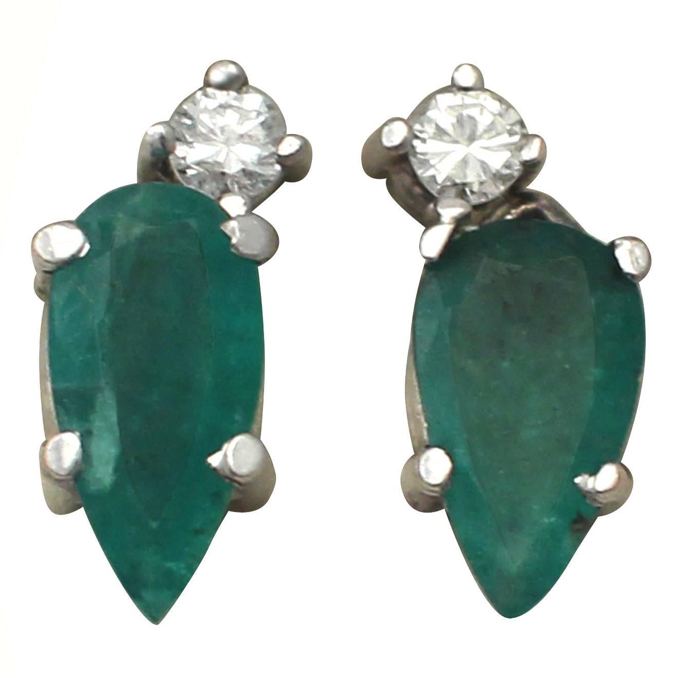 1.04 Carat Emerald and 0.05 Carat Diamond, 18 Karat Gold Stud Earrings, Vintage