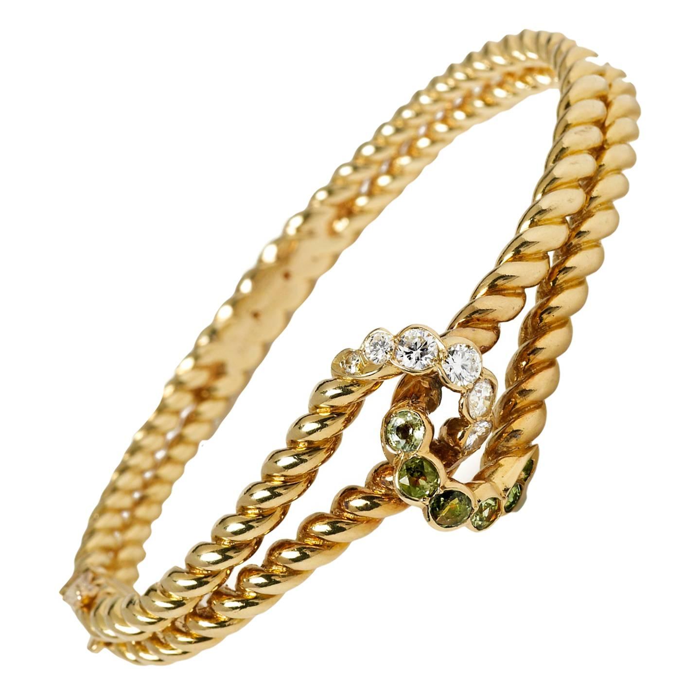 1970s Boucheron Green Garnet Diamond Gold Bangle Bracelet For Sale