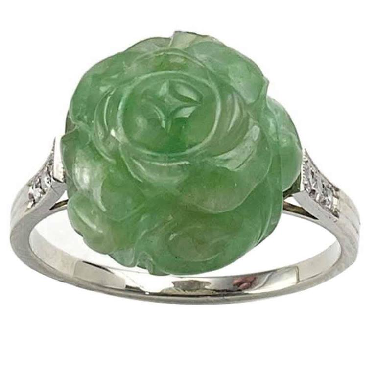 Art Deco Carved Jadeite Jade Diamond Gold Ring For Sale at 1stdibs