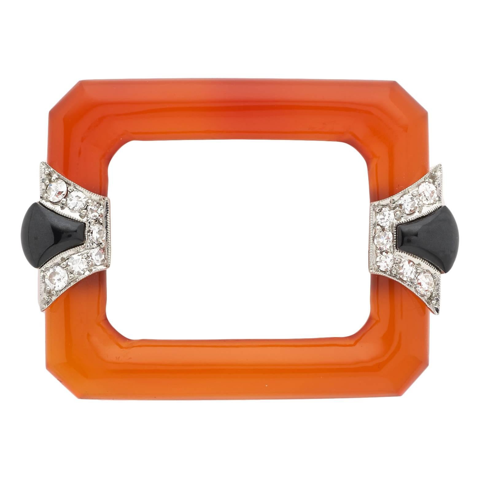 1920s Art Deco Carnelian Onyx Diamond Platinum Brooch