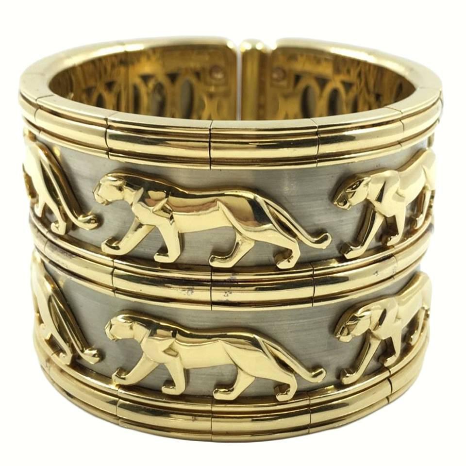 Cartier Large Two Row Walking Panther Two Color Gold Bangle Bracelet