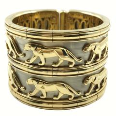 Cartier Large Two Row Walking Panther Two Color Gold Bangle Bracelet 