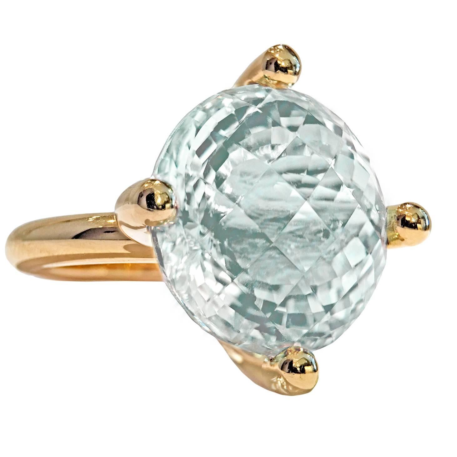 Modern Erich Zimmermann Custom Cut Pale Blue White Topaz Gold Solitaire Princess Ring