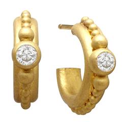 Denise Betesh Diamond Gold Handmade Huggie Hoop Granule Earrings