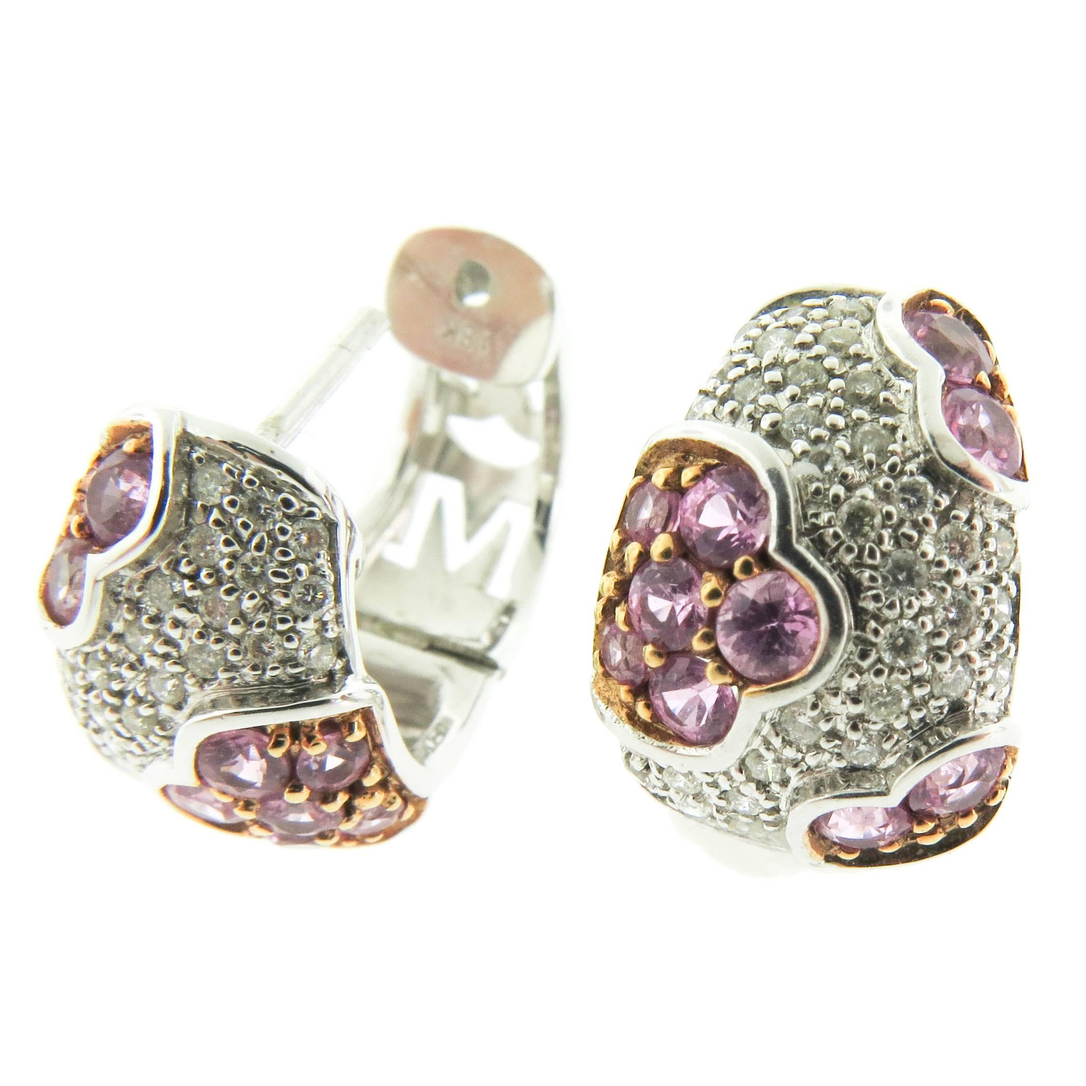 Pink Sapphire Diamond Gold Huggie Earrings
