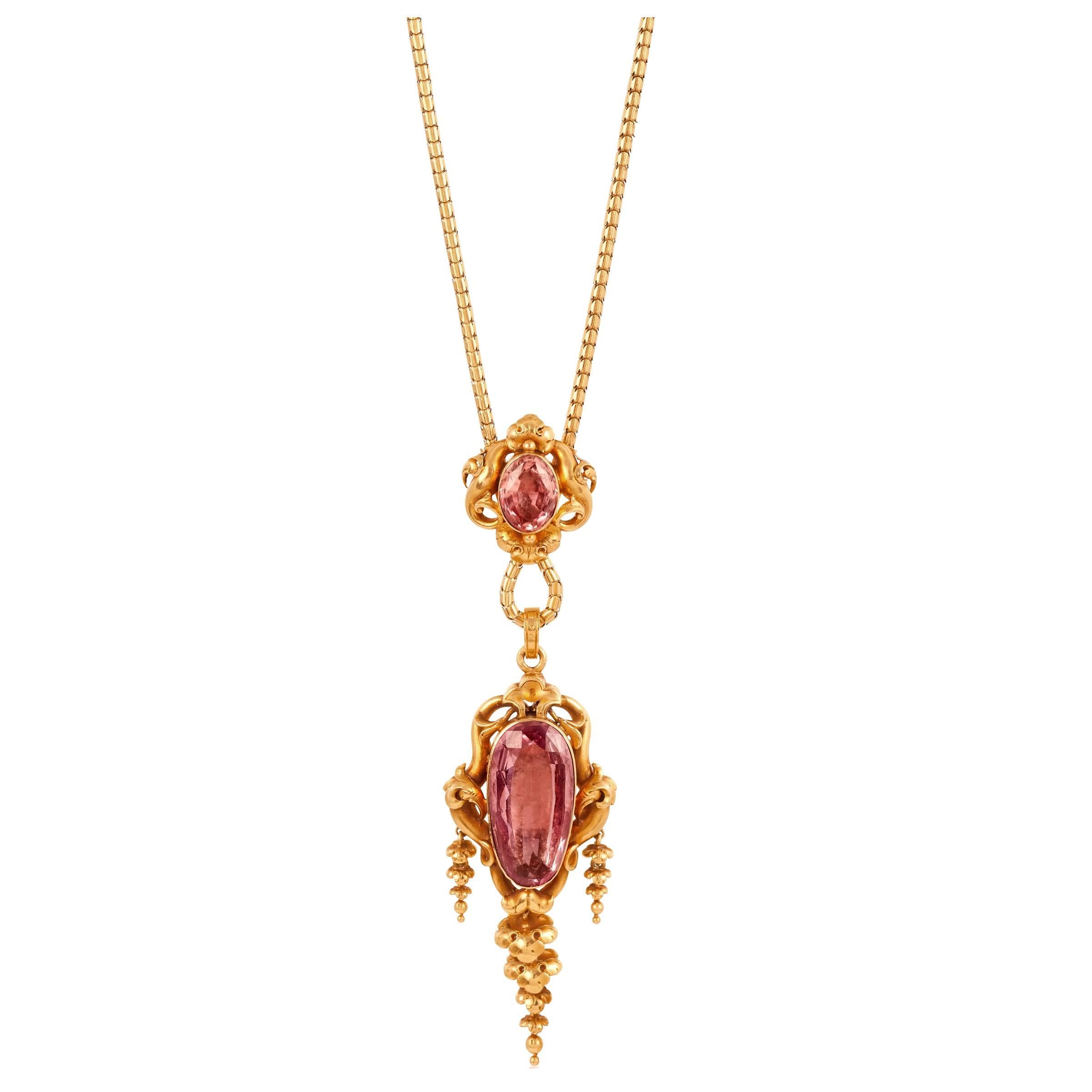 Pink Topaz Gold Renaissance Revival Necklace For Sale