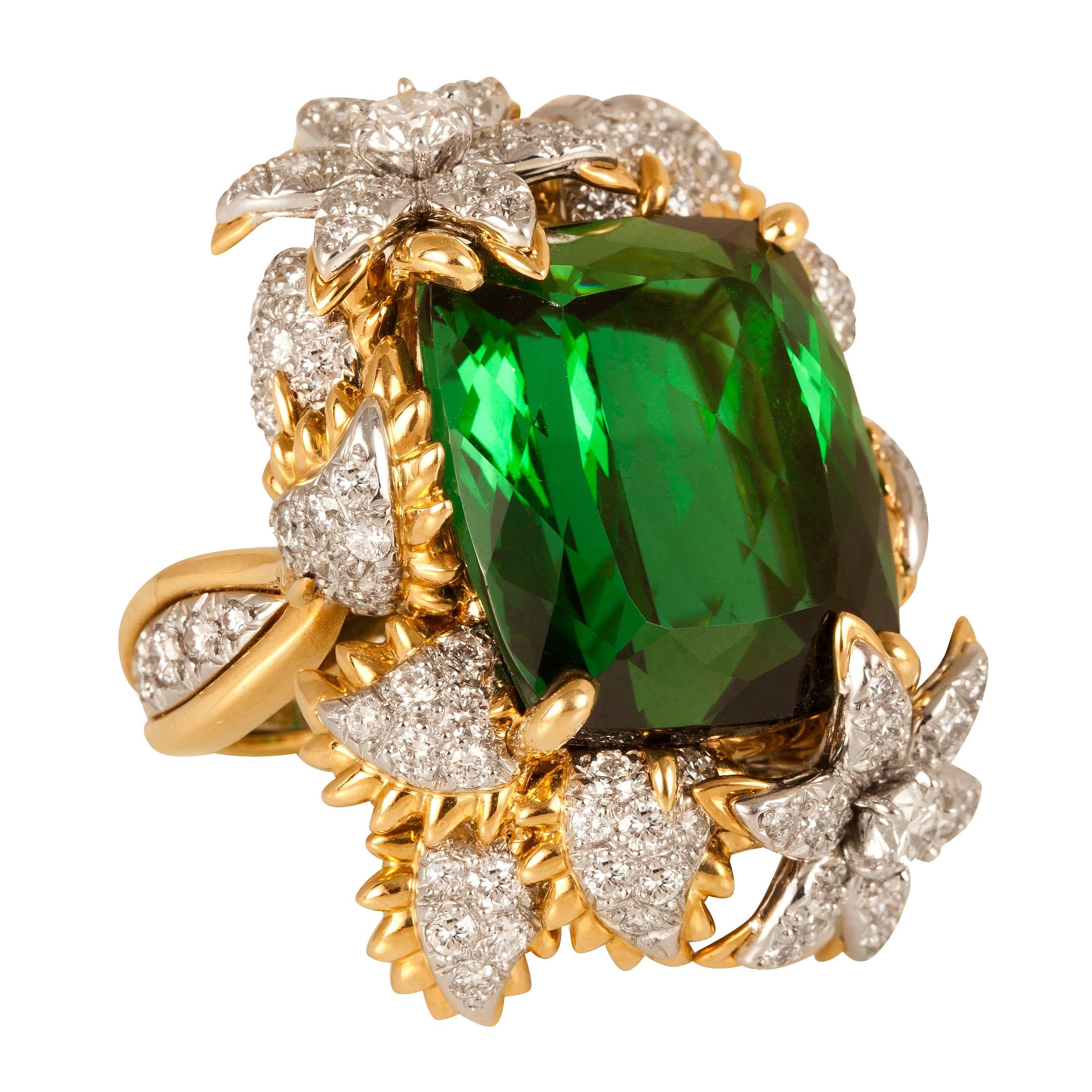 Bielka Green Tourmaline Diamond Gold Platinum Ring  For Sale