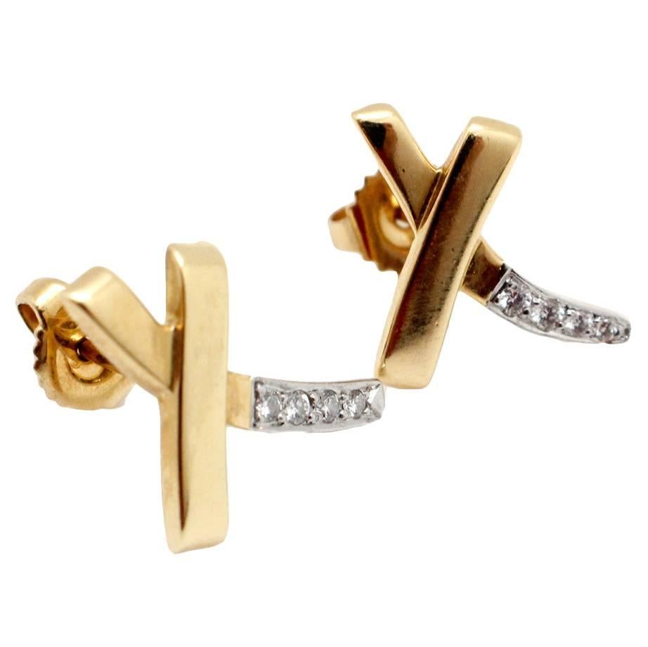 Signed Tiffany & Co. Paloma Picasso Diamond and Gold Signature "X" Earrings For Sale