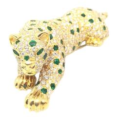 Large Emerald Diamond Gold Panther Brooch