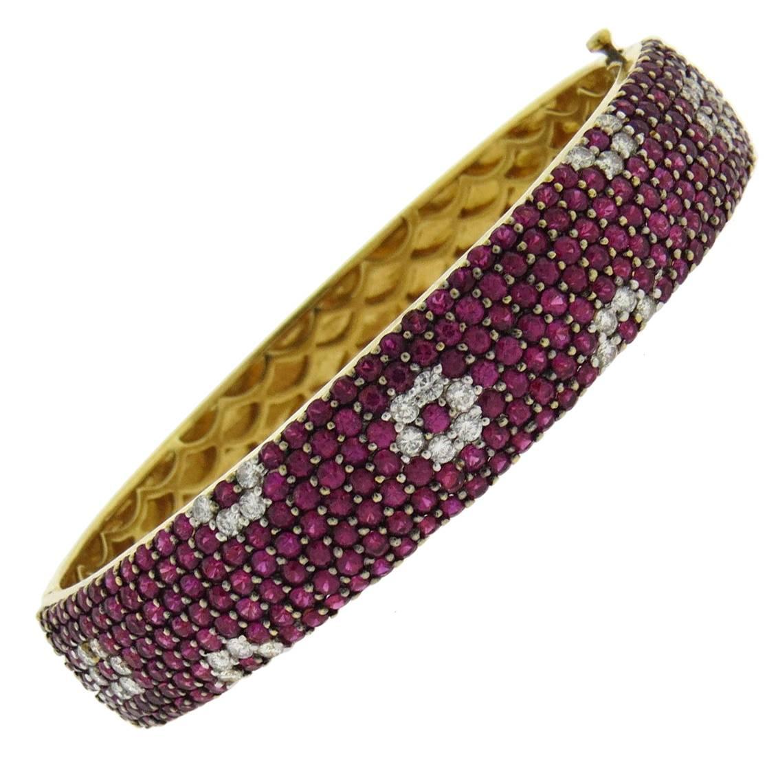 Ruby Diamond Gold Flower Motif Bangle Bracelet  