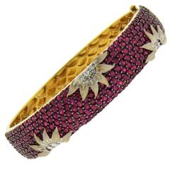 Ruby Diamond Gold Sunflower Motif Bangle Bracelet