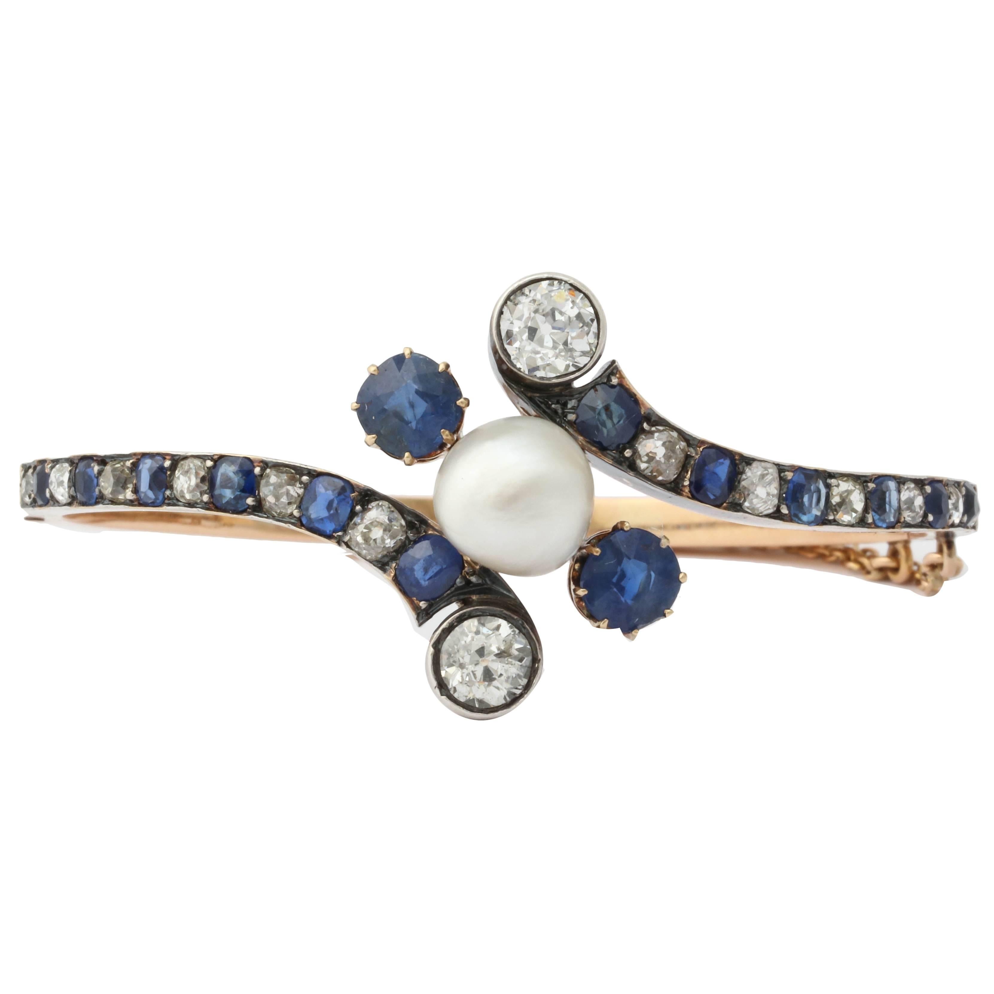 Victorian Natural Pearl Sapphire Diamond Gold Bracelet  For Sale