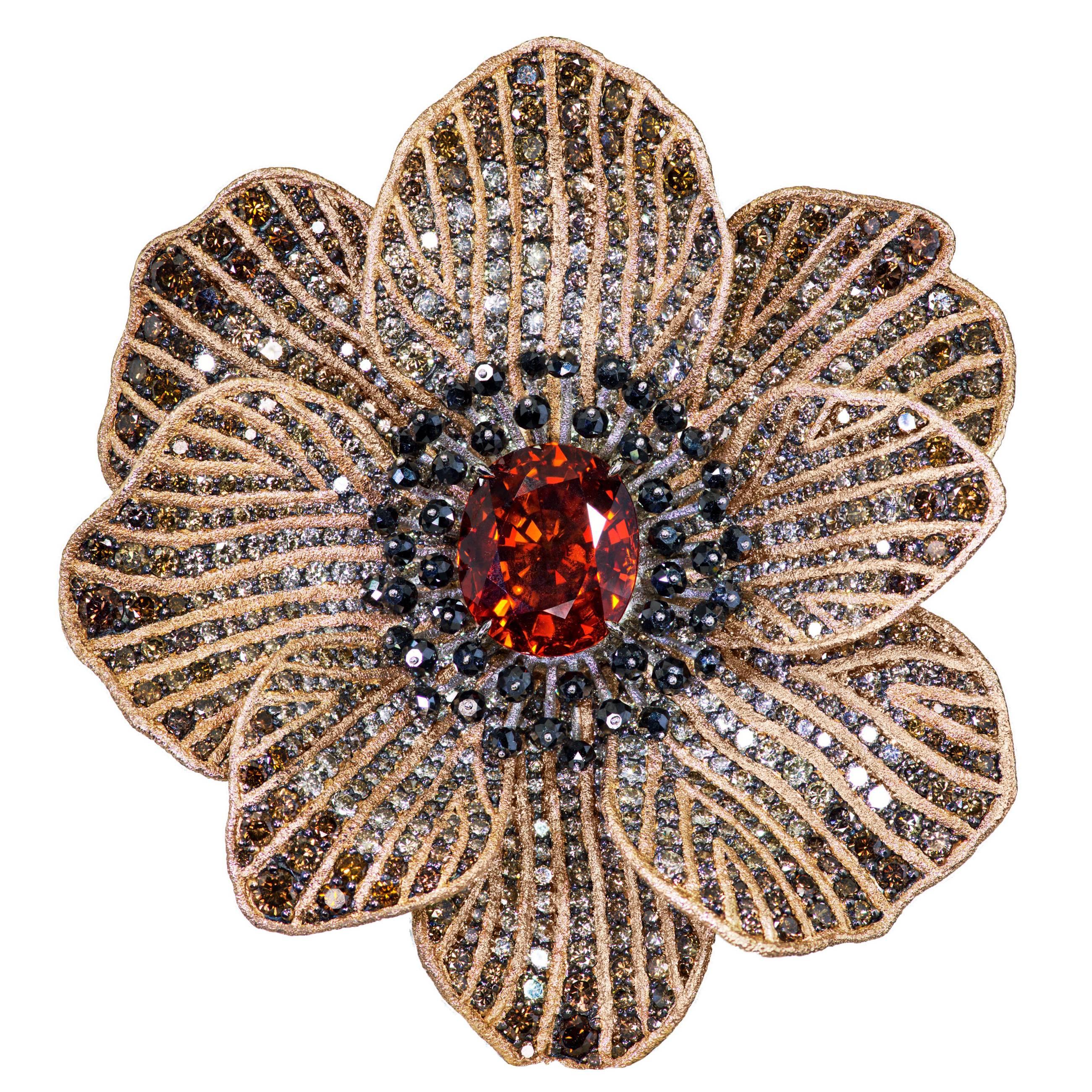 Alex Soldier Mandarin Garnet Diamond Gold Coronaria Brooch, Cuff, Necklace, Ring
