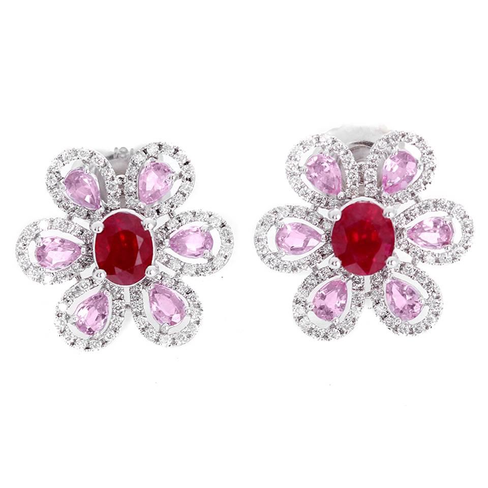 Stunning Pink Sapphire Ruby Diamond Gold Flower Earrings