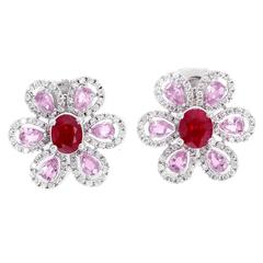 Stunning Pink Sapphire Ruby Diamond Gold Flower Earrings 1