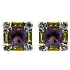 Square Amethyst Peridot Aquamarine Gold Earrings 12