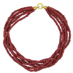 Ox Blood Coral Bead Gold Multi Strand Necklace