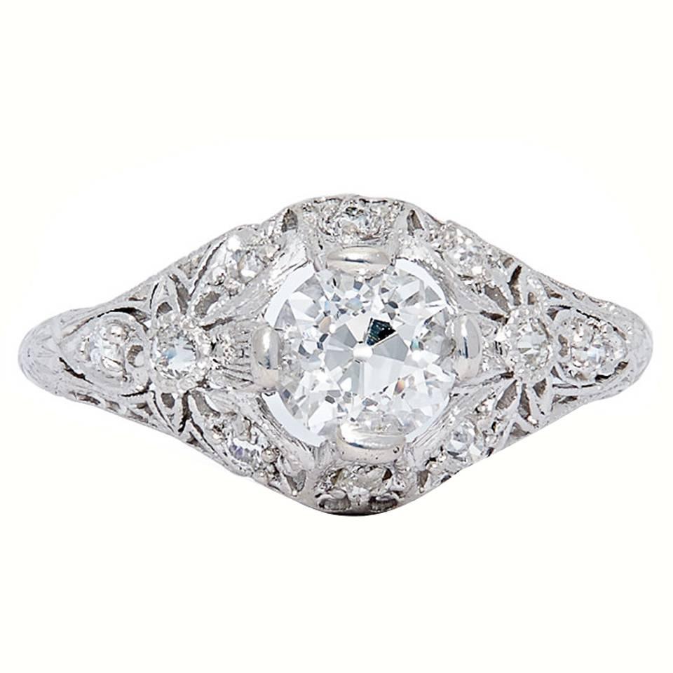 Elaborate Art Deco 1.05 Carat Diamond Platinum Filigree Ring For Sale