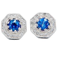 Vintage  Art Deco 1.64 Carat Sapphire Diamond Platinum Stud Earrings