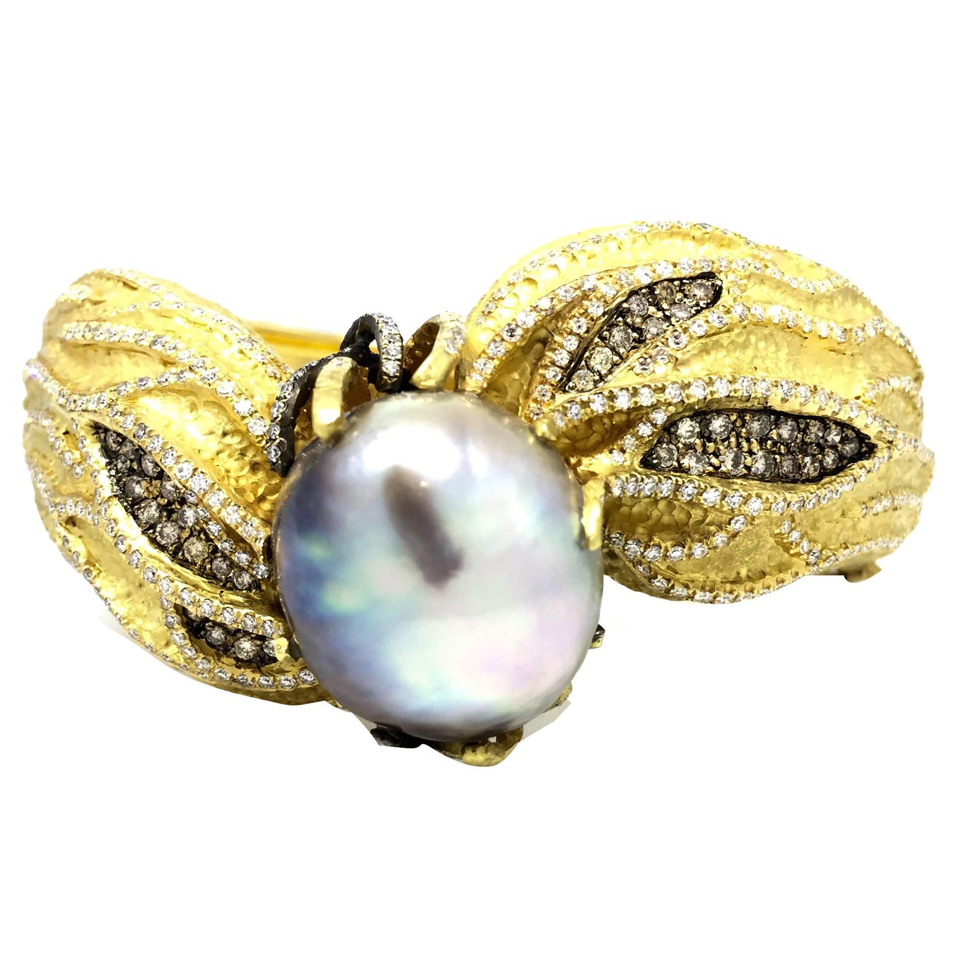 Large Baroque Pearl Diamond Textured Gold Bangle Bracelet  For Sale