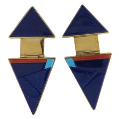Richard Chavez Native American Lapis Turquoise Coral Gold Drop Earrings