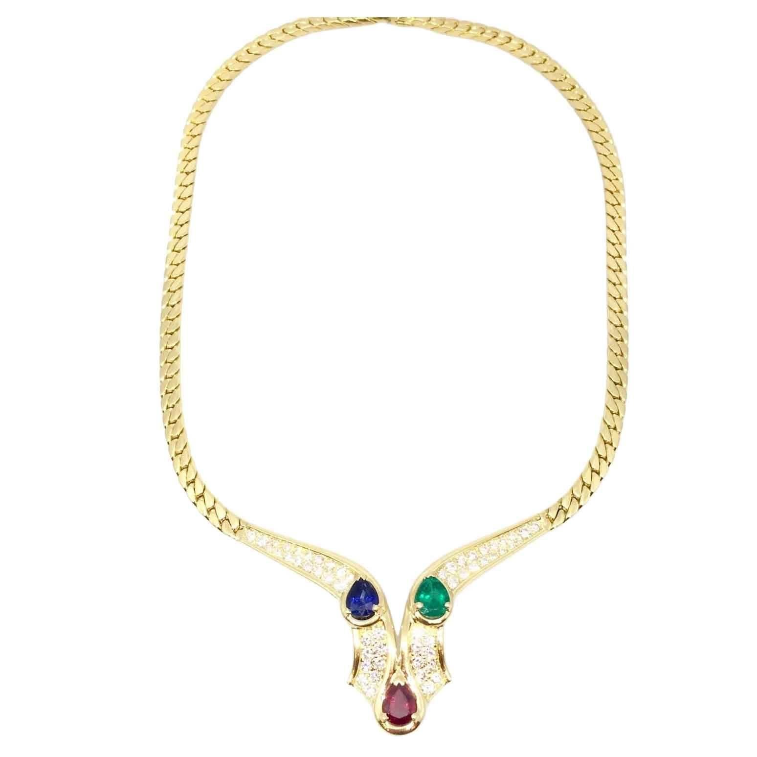 Mauboussin Sapphire Ruby Emerald Diamonds Gold Necklace For Sale