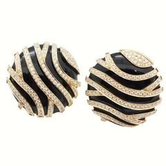 Black Onyx Caged in 18kt Gold Pave Set Diamond Zebra Striped Clip On Earrings