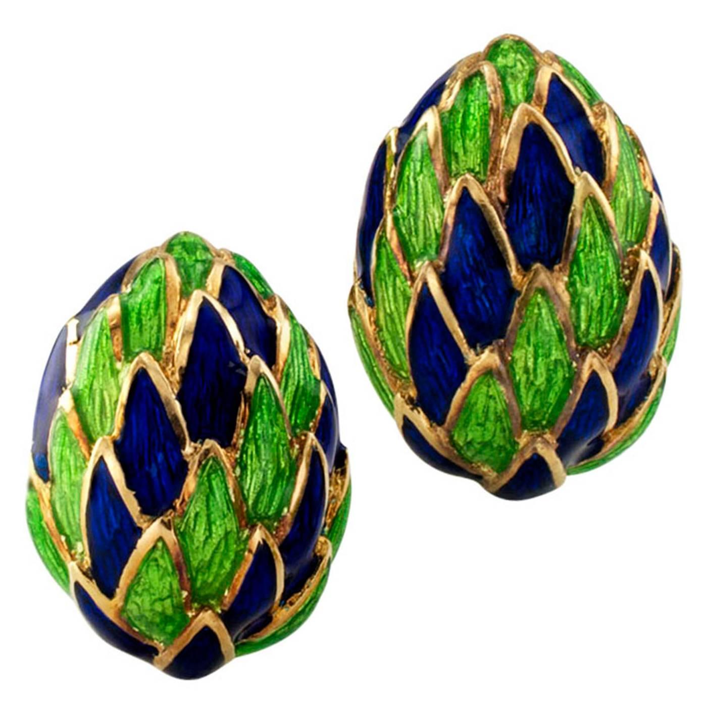 1970s Blue and Green Enamel Gold Clip-On Earrings