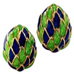 1970s Blue and Green Enamel Gold Clip-On Earrings 3