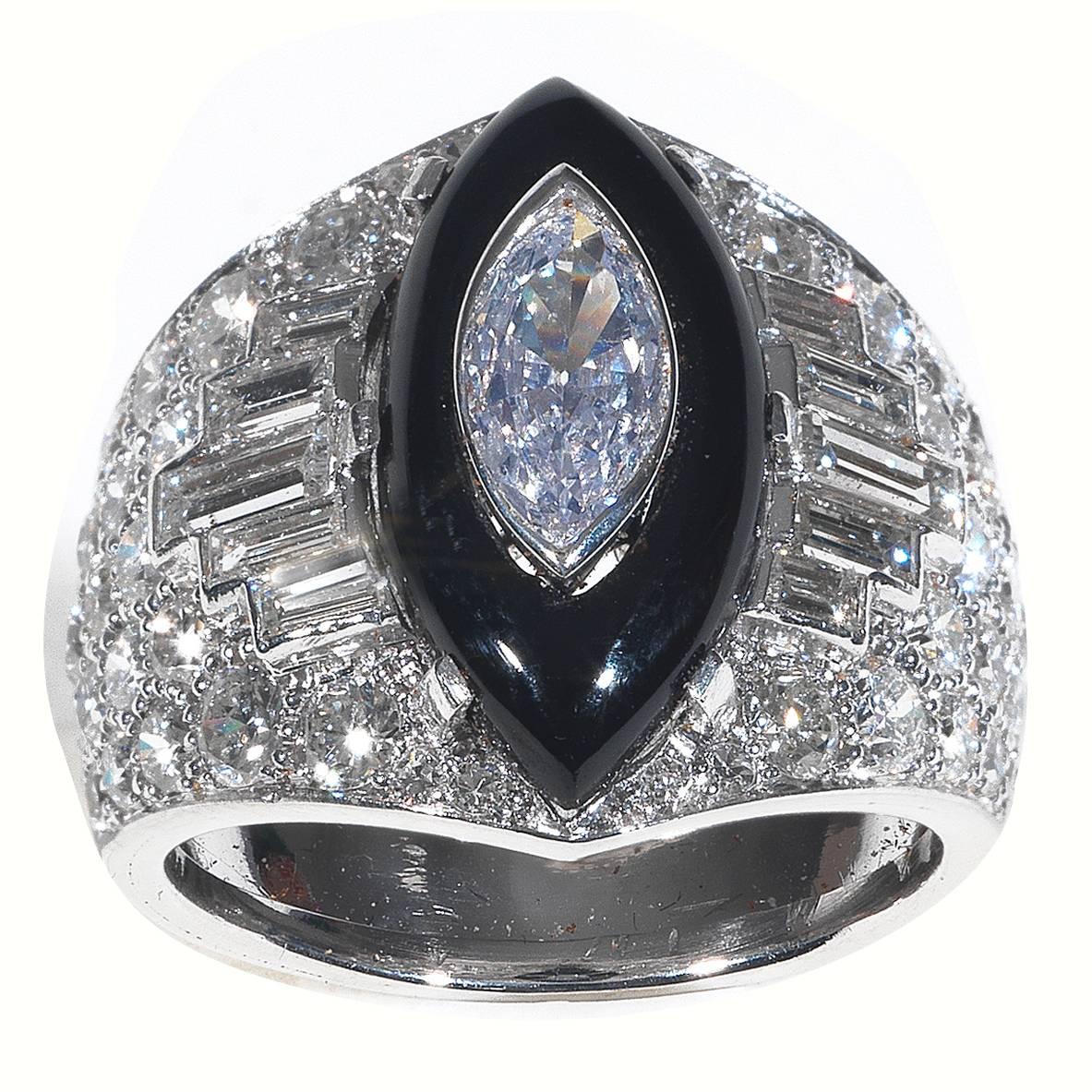 Fancy Cut Diamonds Onyx Platinum Cluster Bombe Ring