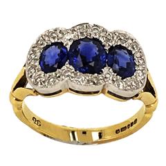 Vintage Treble Sapphire Diamond Gold Cluster Set Ring