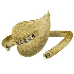 Diamond Gold Textured Leaf Ring Handmade in NYC Limited Edition.