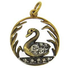 Adorable Antique Victorian Diamond Gold Swan Pendant 
