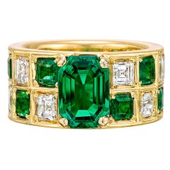 Colombian Emerald Diamond Gold Wide Band Ring