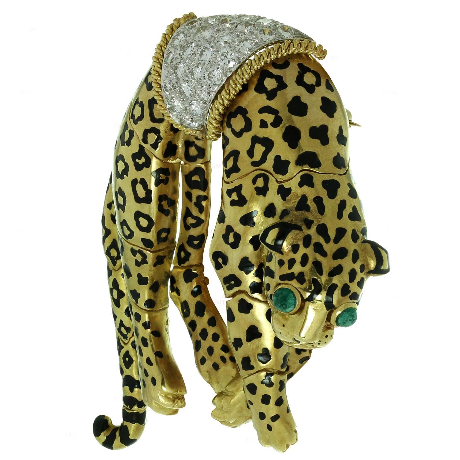 David Webb Enamel Emerald Diamond Gold Platinum Leopard Brooch