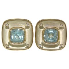 1970s Verdura Rock Crystal Aquamarine Diamond Gold Earrings Earclips